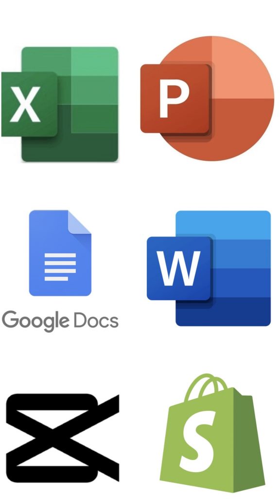 Logos from Microsoft Excel, Microsoft Powerpoint, Google Docs, Microsoft word, CapCut, and Shopify are shown