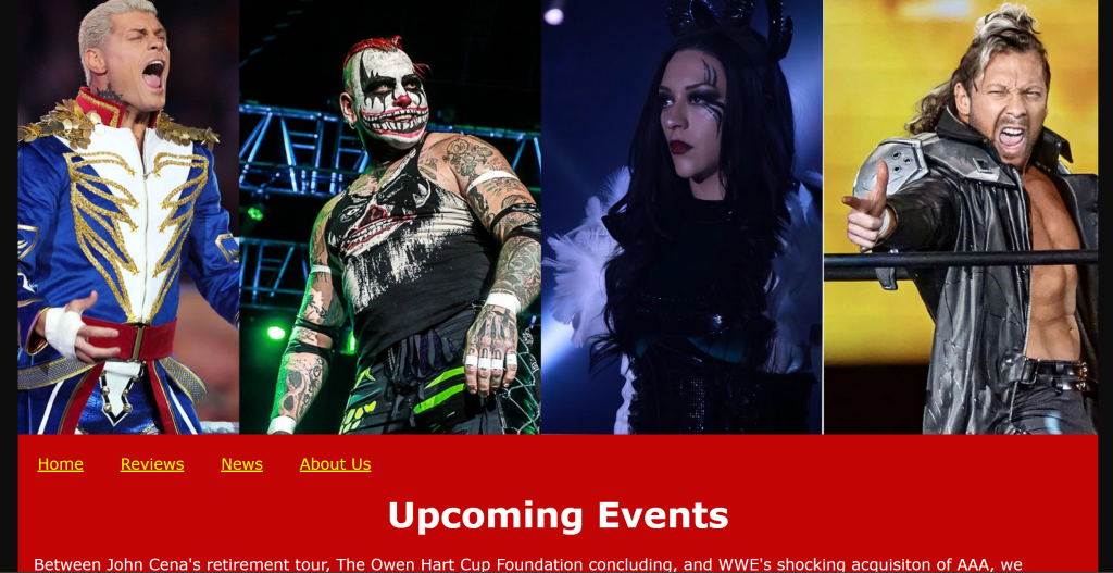 Clicking on the image will send you to ring general dot com. A banner that contains wrestlers Cody Rhodes, Kenny Omega, Stephanie Vaquer, and Pagano. The text on the image states "upcoming events"
