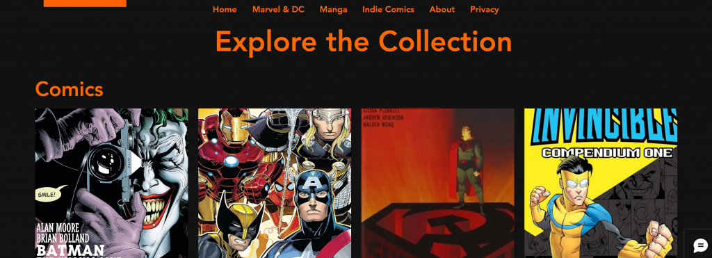 The header states "Explore the collections." Superman from the red son comic is show. Iron man, captain america, Wolverine, Thor, Spiderman, The Joker, and Invincible are shown.
